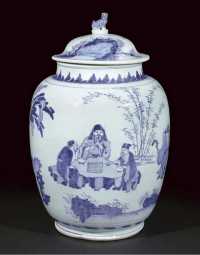 A large ovoid blue and white jar and cover